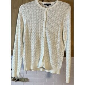 Brooks Brothers Lightweight White Eyelet Knit Sweater Women's Large Button‎ Up